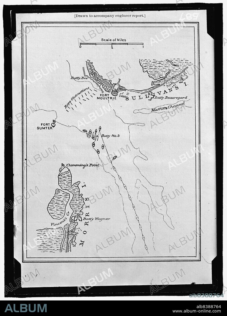 HARRIS & EWING. Map showing Fort Sumter and Fort Moultrie, between 1909 and 1914. 'Drawn to accompany engineer report'. Battle site, Charleston Harbour, South Carolina: Battery Bee, rope obstructions, Sullivan's Island, Maffitt's Channel, buoys, Cumming's Point, Vincent's Creek, Morris Island, Battery Wagner.
