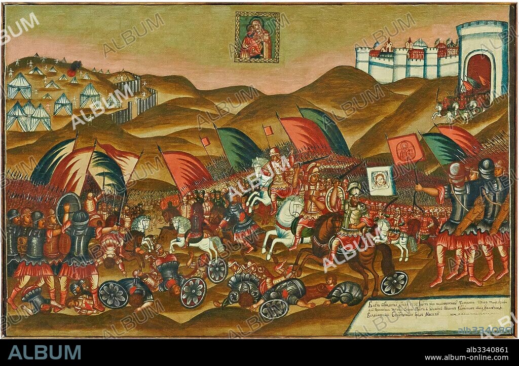RUSSIAN ICON. The Our Lady of Vladimir icon saving Moscow from Tatar hordes.