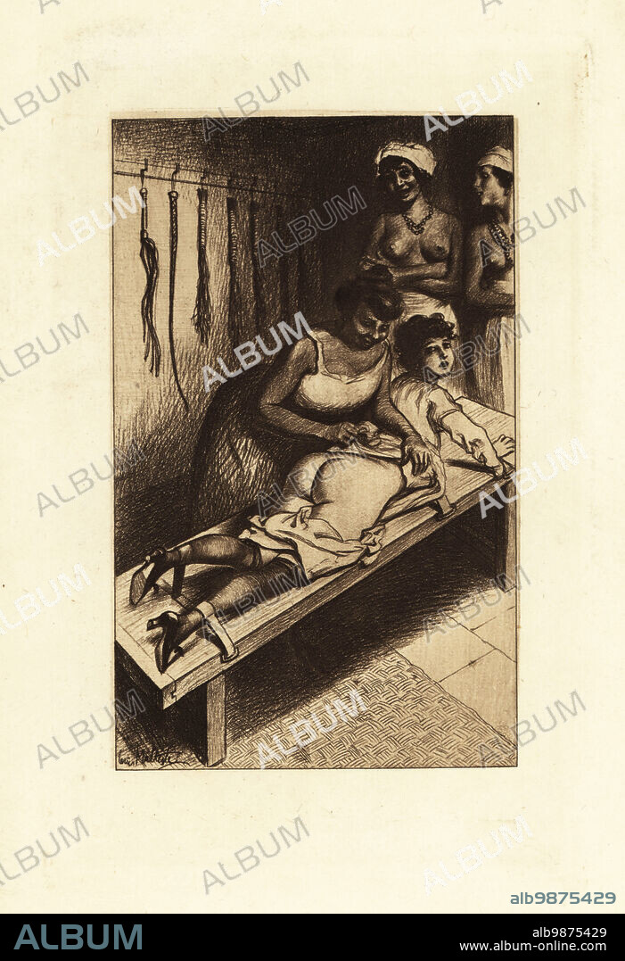 An enslaved black woman exposes the buttocks of a white woman tied to a  bench for a whipping. Two half-naked female slaves watch. Whips and  cat-o-nine-tails hang on the wa - Album