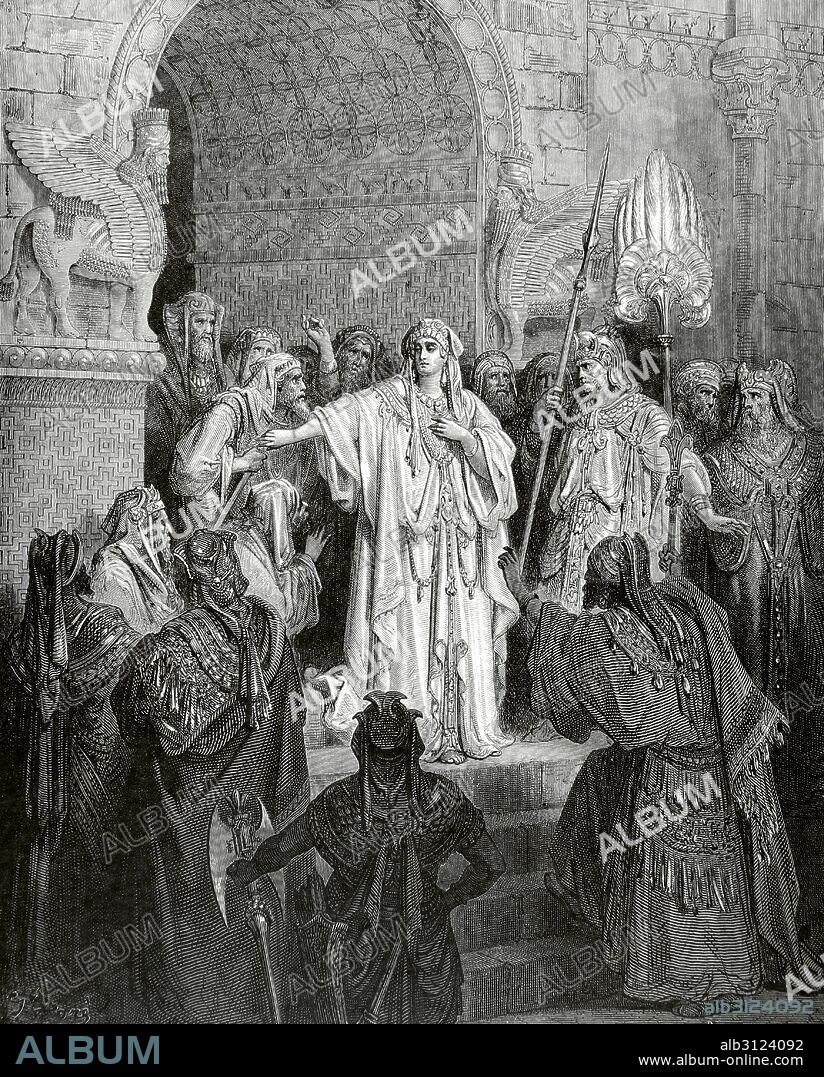 Old Testament. Queen Vashti, wife of Ahasuerus (Xerxes I) refuses to obey her husband's orders to expose himself to his guests. Book of Esher, Chapter I. Verses 9-13. Drawing by G. Dore. Engraving by Panemaker.