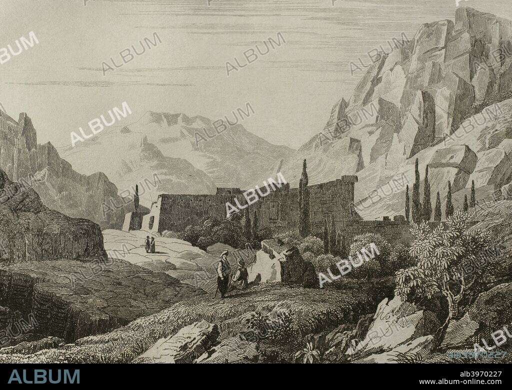 Historia de Egipto. Monte Sinaí. Convento de Santa Catalina. Panorámica. Grabado por Fleury. Panorama Universal. Historia de la Arabia, 1851. Biblioteca Histórico Militar de Barcelona. Cataluña. España.
