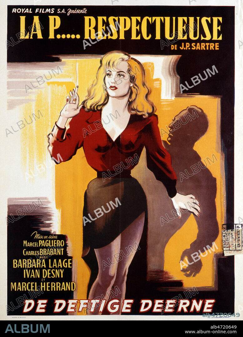 Affiche du film La p..... respectueuse realise en 1952 par Marcello PAGLIERO (1907-1980) et Charles BRABANT (ne en 1920) avec Barbara LAAGE (1925-1988) d'apres Jean Paul SARTRE (1905-1980). Credit : Coll. Perron/KHARBINE-TAPABOR.