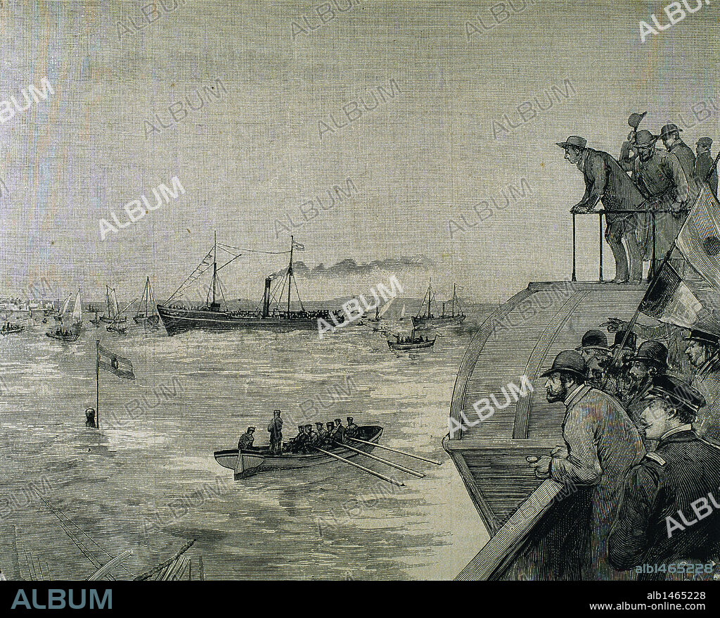 Isaac Peral (1852-1895). Spanish engineer, sailor and designer of the Peral Submarine. Immersion tests verified in the Bay of Cadiz in 1889. Engraving.