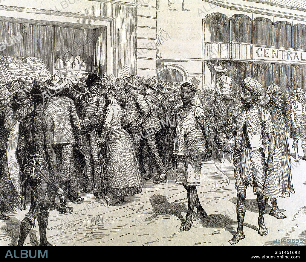 GODEFROY DURAND. HISTORIA DE AFRICA. SUDAFRICA. DURBAN. Exposición de pepitas de oro nativo, procedentes de las minas descubiertas a orillas del Kaap (provincia de Natal). Grabado de "La Ilustración Española y Americana" (1886) .