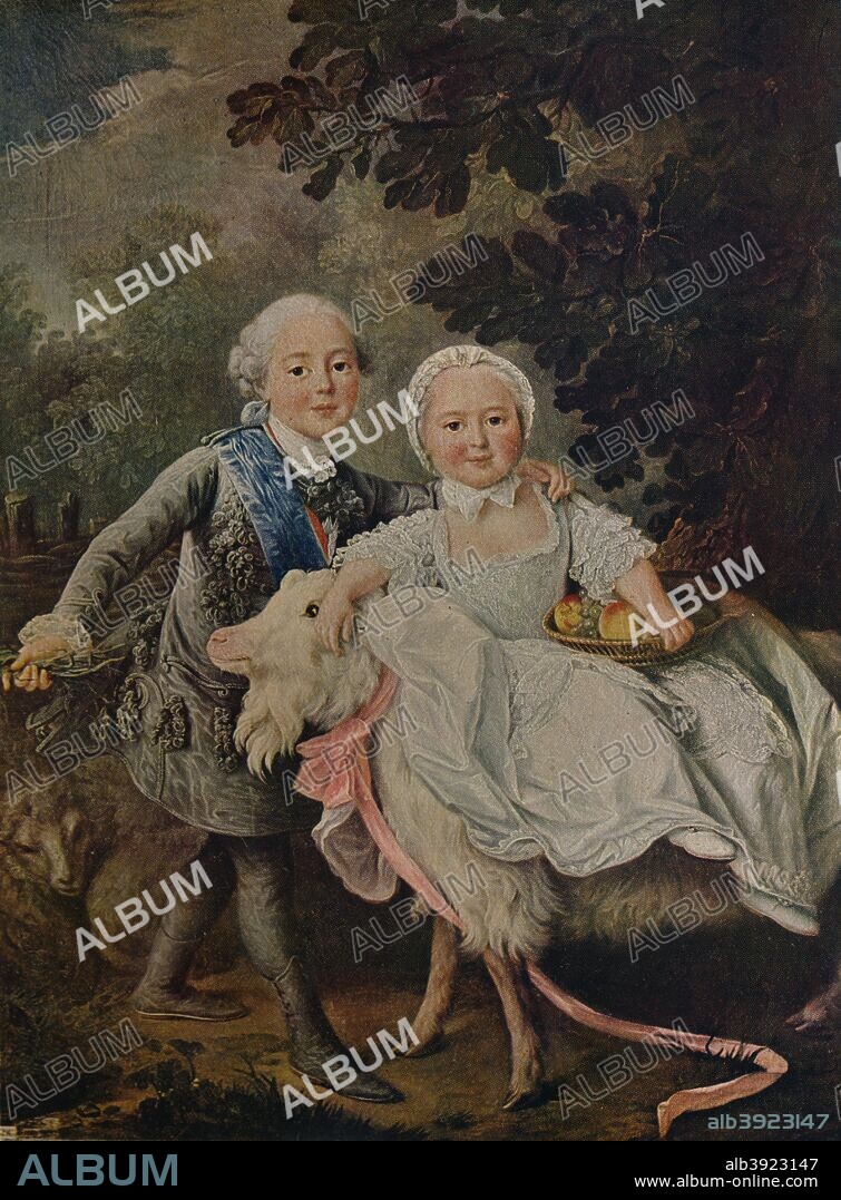 'The Comte d'Artois and His Sister Clotilde ', 1763 (c1927). Charles Philippe (1757-1836), Comte d'Artois, and his sister Clotilde (1759-1802) were siblings to Louis XVI of France. Charles became king as  Charles X from 1824 to 1830. Clotilde became Queen of Sardinia as Clotilda in 1796. The painting is held by the  Musée du Louvre, Paris. From Beautiful Children, by Haldane Macfall. [T. C. & E. C. Jack, Ltd., London, c1927].