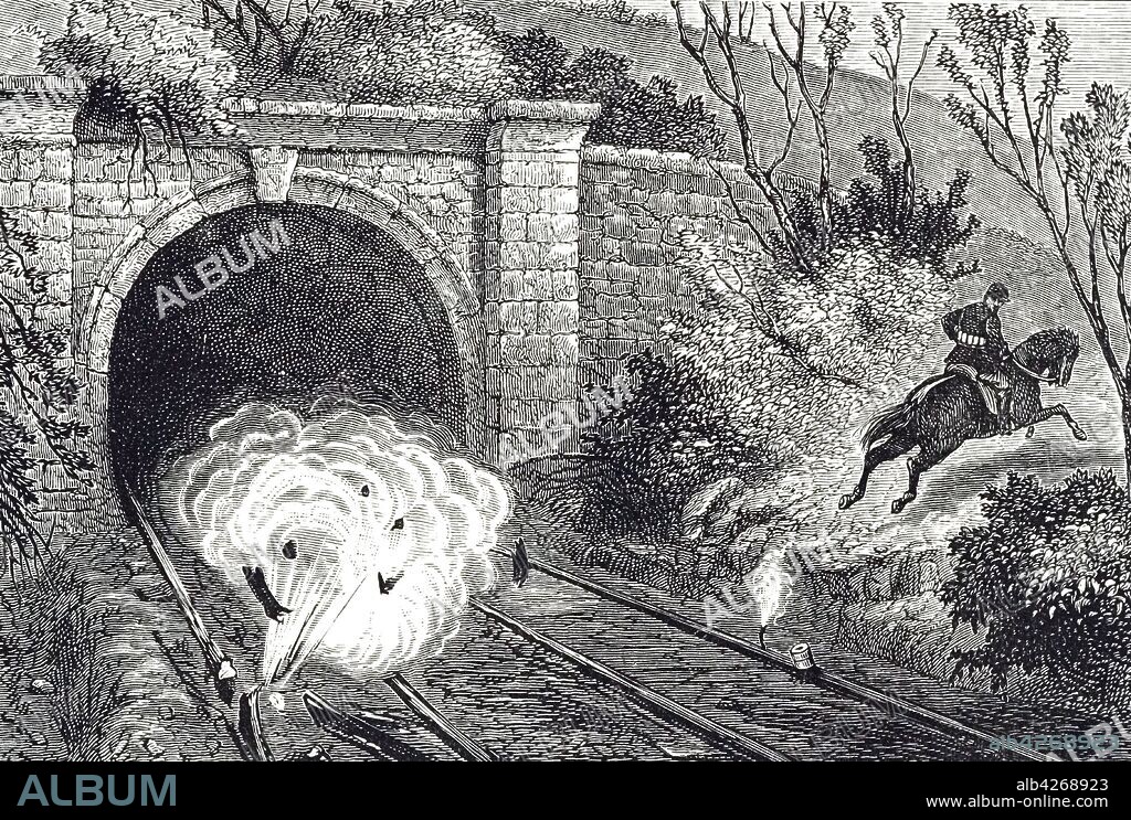 An engraving depicting a cavalry pioneer blowing up a railway line. These pioneers, equipped with a belt full of small charges with a belt full of small charges of dynamite or gun cotton, were able to sabotage strategic targets. Dated 19th century.