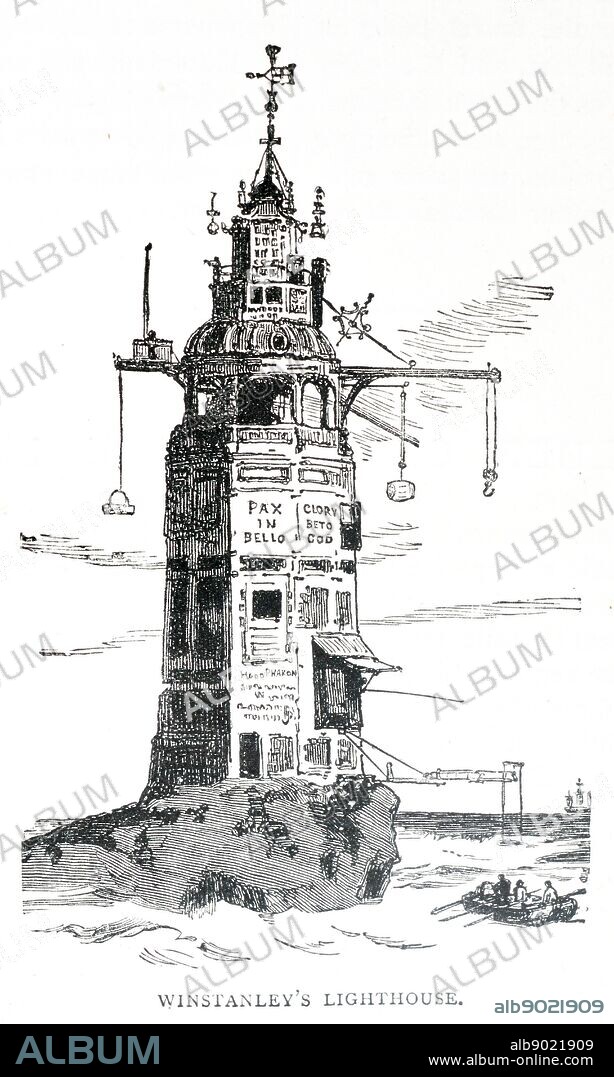 Winstanley's lighthouse. Henry Winstanley (1644-1703) was an English painter and engineer who constructed the first Eddystone lighthouse. 1698.
