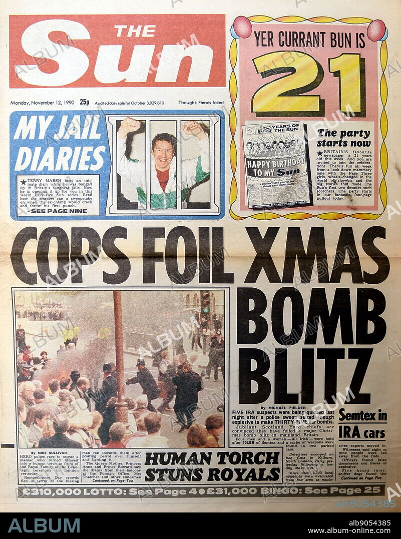 Front page of the Sun newspaper reporting on police foiling IRA attacks.