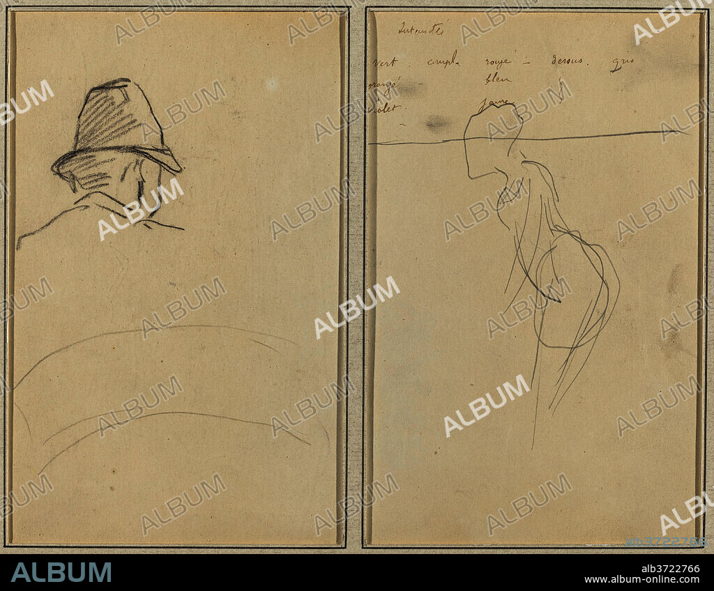 PAUL GAUGUIN. A Head of Man with Hat, Seen from Behind; A Standing Woman [recto]. Dated: 1884-1888. Dimensions: overall: 16.9 x 22.7 cm (6 5/8 x 8 15/16 in.). Medium: crayon, graphite, and pen and brown ink on wove paper.