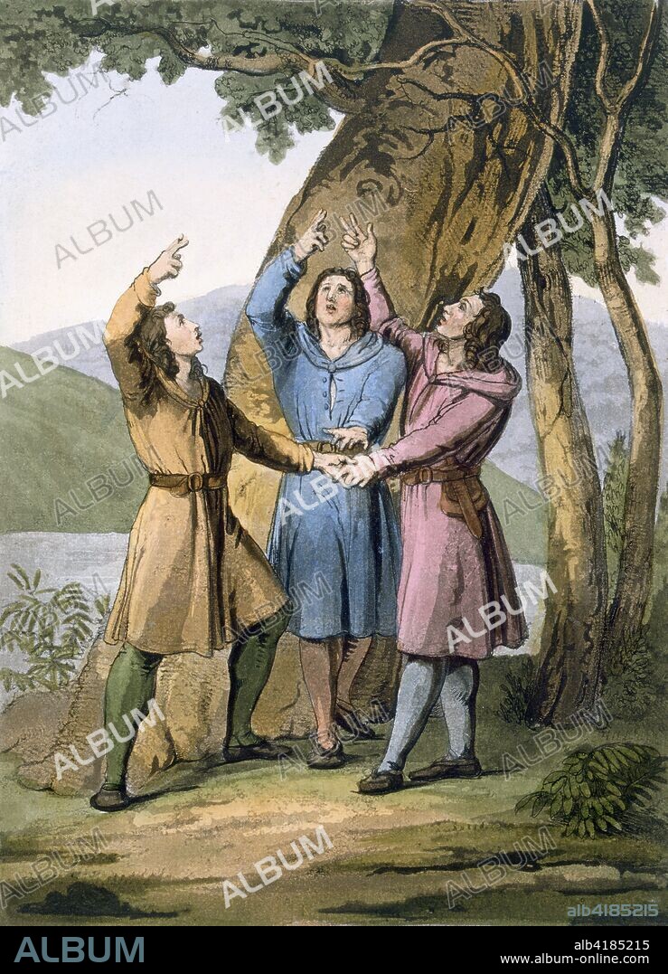Switzerland: The three leaders of the Helvetian Confederation, from 'Costume dei Romani, Svizzeri..' (colour litho). The Helvetii were a Celtic tribe or tribal confederation occupying most of the Swiss plateau, and part of the Roman Republic in the 1st century BC.