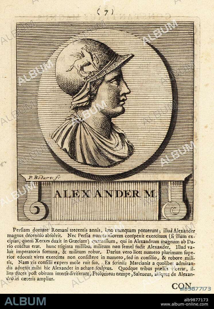 Profile portrait of Alexander the Great, Alexander III of Macedon, 356 323 BC, king of the ancient Greek kingdom of Macedon. In helmet decorated with engraving of a winged horse Bucephalus. Copperplate engraving by Pieter Bodart (1676-1712) from Henricus Spoors Deorum et Heroum, Virorum et Mulierum Illustrium Imagines Antiquae Illustatae, Gods and Heroes, Men and Women, Illustrated with Antique Images, Petrum, Amsterdam, 1715. First published as Favissæ utriusque antiquitatis tam Romanæ quam Græcæ in 1707. Henricus Spoor was a Dutch physician, classical scholar, poet and writer, fl. 1694-1716.