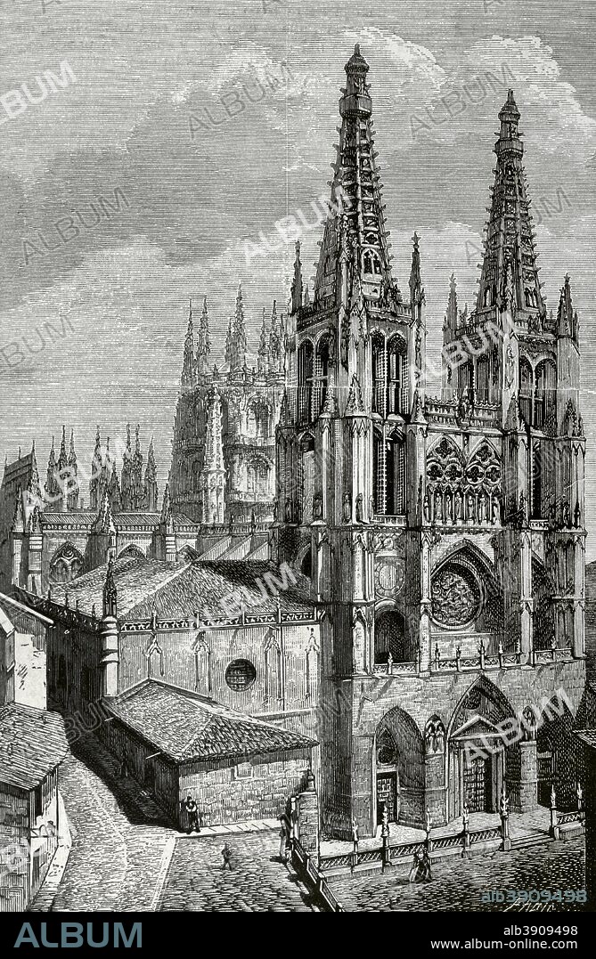 Spain, Burgos Cathedral. The construction of Our Lady of Burgos began in 1221 and was completed in 1567. Example of the evolution of Gothic style. General view of the main facade, called Puerta del Perdon (Door of Forgiveness). Engraving by Marcelo Paris. La Ilustracion Espa–ola y Americana, July 30, 1876.