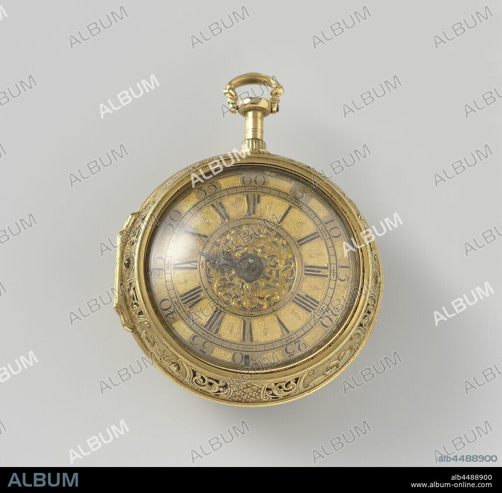 Repeating watch, Rehearsal watch with sourdine with Ars Amatoria, Gold watch with beautiful openwork gold case. The brand is from Clarke and Dunster. The second case is driven by a performance of the Music., Clarke & Dunster, Amsterdam, c. 1725, gold (metal), d 5.5 cm.