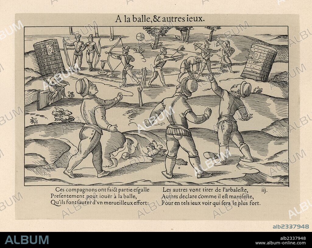 Medieval men playing ball games (handball or volleyball) and archery with longbow and crossbow in a park. Lithograph from Henry Rene Allemagne's Sports and Games of Skill (Sports et Jeux d'Adresse), Librairie Hachette, Paris, 1903.