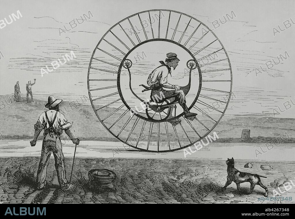 Velocípedo monociclo, sistema Longmook y Strief, dos ingenieros mecánicos de Nueva York. El ensayo público del monociclo tuvo lugar en Rouen (Francia), con notable éxito. El monociclo consta de una gran rueda de 2,30 metros de diámetro, en cuyo centro, y sobre un rail interior, se apoya otra rueda pequeña que soporta la silla para el velocipedista, la cual a su vez está sujeta mediante unas piezas a los lados de la rueda grande. Una de las ventajas del sistema consistía en la sensación de seguridad que tenía el velocipedista al poder circular a una altura más baja sobre el nivel del suelo que en modelos anteriores existentes. Grabado. La Ilustración Española y Americana,30 de noviembre de 1881.