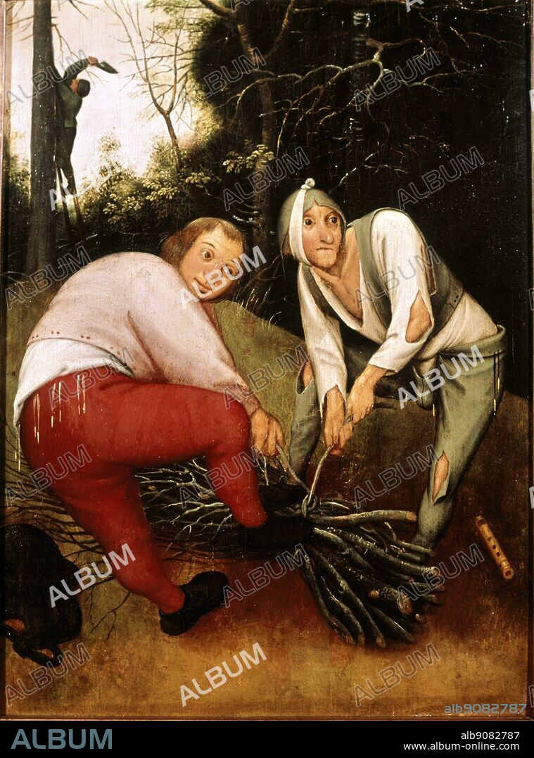 Two Peasants Binding Faggots . Artist Brueghel, Pieter the Younger (c.1564-1638) . in The Barber Institute of Fine Arts, University of Birmingham . Pieter Brueghel the Younger (1564 - 1638) was a Flemish Renaissance painter, son of Pieter Brueghel the Elder. When he was only five years old, his father died. Pieter Brueghel the Younger received his artistic training from Flemish landscape painter Gilles van Coninxloo. Brueghel later even married the sister of his master.. Pieter Brueghel the Younger became a master in 1585. He then started painting landscapes, religious subjects and fantasy paintings. For this last category he often made use of fire and grotesque figures, leading to his nickname "Hell Brueghel".. Apart from these own inspired paintings, Pieter Brueghel the Younger also copied the works his father created, thus often leading to confusion which of the two actually painted the painting. He also was known as Pieter the Great or Pieter de comisoma.. ©2006 TopFoto.