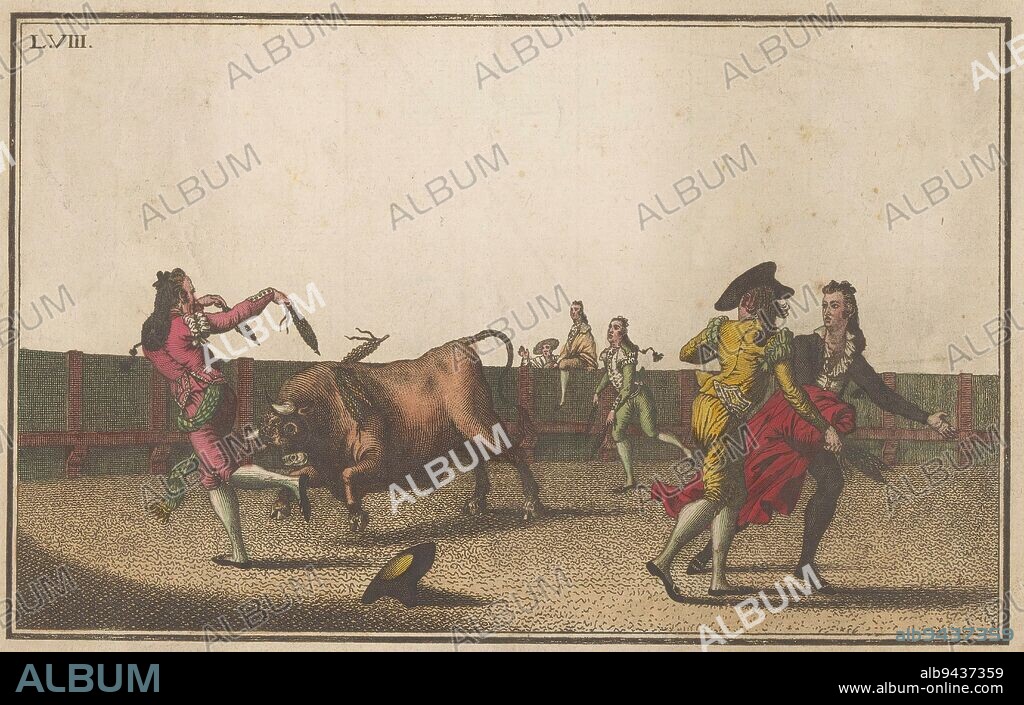 A bull is challenged by a bullfighter torero holding two banderillas Banderillas have already been inserted into the bull's neck To the right, three more bullfighters and, near a fence, two spectators Numbered top left: LVIII, Bull is challenged with banderillas Coleccion de las principales suertes de una corrida de toros Collection of the most important maneuvers in bullfighting, print maker: Luis Fernandez Noseret, Antonio Carnicero, Spain, 1795, paper, etching, h 192 mm - w 273 mm.