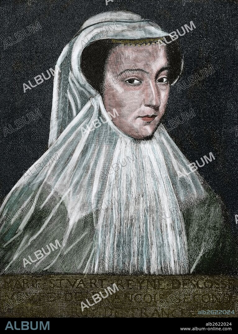 MARIA I ESTUARDO (Linlithgow, 1542-Fotheringay, 1587). Reina de Escocia (1542-67), hija de Jacobo V. Tras su matrimonio con Francisco II de Francia, ocupó a su lado el trono de Francia (1559). Retrato. Grabado por E. Krell. Historia Universal, 1885. Retrato original de María Estuardo con traje de viuda, de F. Clouet, siglo XVI. Coloreado.