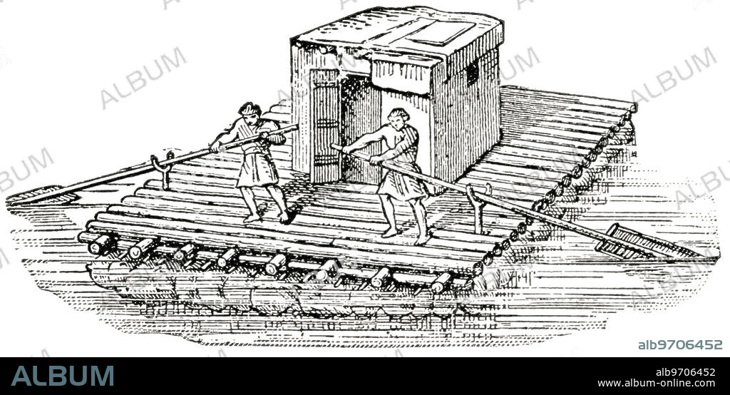 Raft of the Tigris and Euphrates Rivers Buoyed by Inflated Skins, Turkey, Illustration, Classical Portfolio of Primitive Carriers, by Marshall M. Kirman, World Railway Publ. Co., Illustration, 1895.