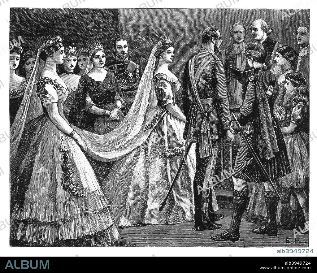 Marriage of Princess Helena and Prince Christian of Schleswig-Holstein, 5 July 1866 (late 19th century). Princess Helena (1846-1923), daughter of Queen Victoria, married Prince Christian of Schleswig-Holstein at Windsor Castle. Illustration from The Life & Times of Queen Victoria, by Robert Wilson, Vol III.