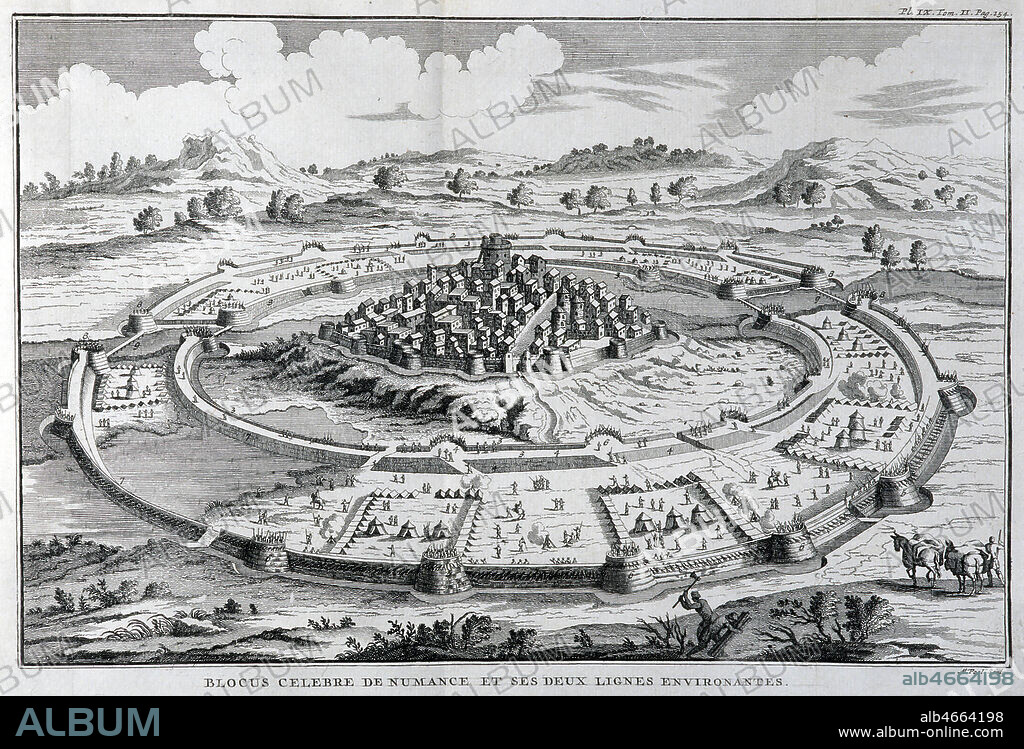 Blocus de Numance en Espagne par Scipion Emilien (vers 134 av JC). Gravure dans Histoire de Polybe traduit du grec par Vincent Thuillier en 1729. Credit: Coll. Diry/KHARBINE-TAPABOR.