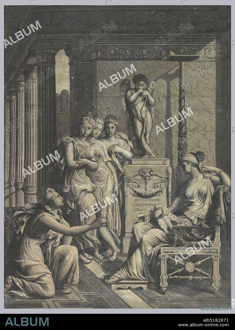 Psyche Bringing Venus a Goblet of Water from the Fountain of Youth, Merry-Joseph Blondel, French, 17811853; active Paris, France 18021851, Joseph Dufour et Cie., French, 17521827, Block printed on handmade paper, One scene from the twelve which illustrate the story of Cupid and Psyche. This scene, containing three panels, shows a kneeling Psyche offering a goblet to a seated Venus. Cupid, leaning on his bow, stands on a pedestal in the background. The figures are within an Empire-style interior, with marble-tiled walls, columns, fountains, coffered ceiling and parquet floor. The entire scene is printed in grisaille, or shades of gray., Paris, France, ca. 1820, Wallcoverings, Scenic, Scenic.