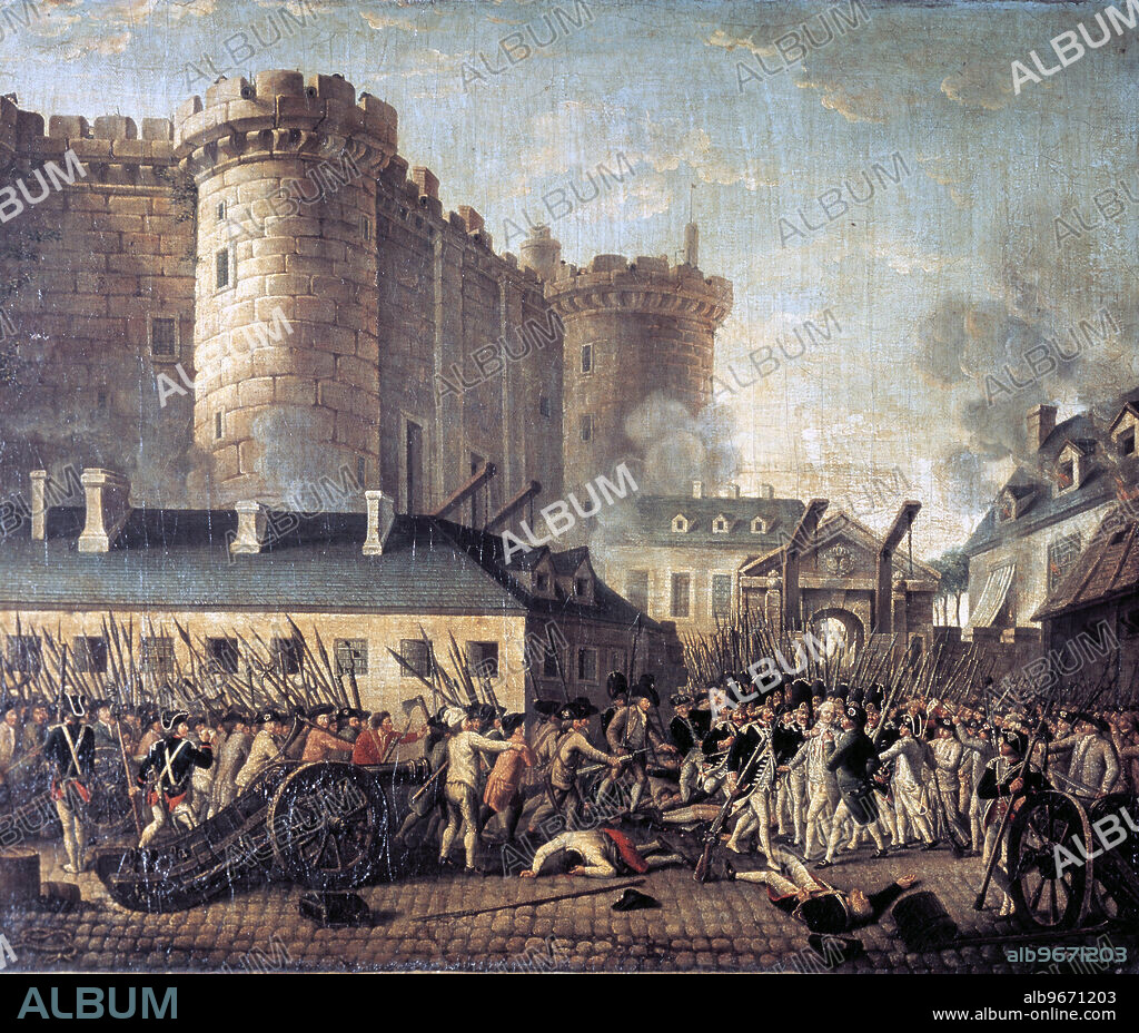 HISTORIA DE FRANCIA. REVOLUCION FRANCESA. 1789 - 1799. Toma de la fortaleza de la Bastilla, prisión del Estado desde la época del gobierno de Richelieu y símbolo del poder y la arbitrariedad real, lo que motivó que el 14 de julio de 1789 el pueblo de París se apoderara de ella siendo demolida meses después por orden del gobierno revolucionario. Oleo del S.XVIII. Museo Carnavalet. París. Francia.