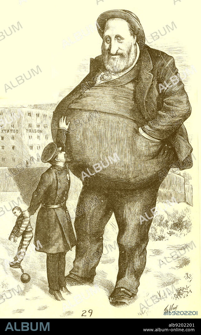 Satirical political cartoon of William Magear Tweed. "Can the law reach him? The dwarf and the giant thief." William Magear Tweed AKA "Boss" Tweed (April 3, 1823 - April 12, 1878) was an American politician and leader of Tammany Hall, the Democratic Party political machine that played a major role in the politics of 19th century New York City and State. Tweed was convicted for stealing an amount estimated between $45 million from NYC taxpayers from political corruption. Unable to make bail, he escaped from jail once but was returned to custody. He died in the Ludlow Street Jail.