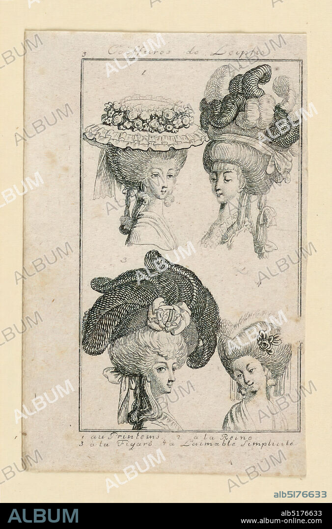 Ladies' Fashion: Hairdressing and Hats, Johann August Rossmassler, German, 1752 - 1783, Engraving on paper, Illustration of groups of four heads showing hairdressing and hats worn by French, German, and English ladies., Germany, ca. 1770-1780, Print, Print.
