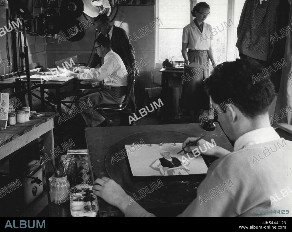 Raymond Leach in foreground tracing shoulder of original animation on cellulord Porter looking over ***** at Camera disk; Val walker, who paints the thousands of cellulord drawings heeded for animation checks a drawing with ***** original. December 15, 1954.