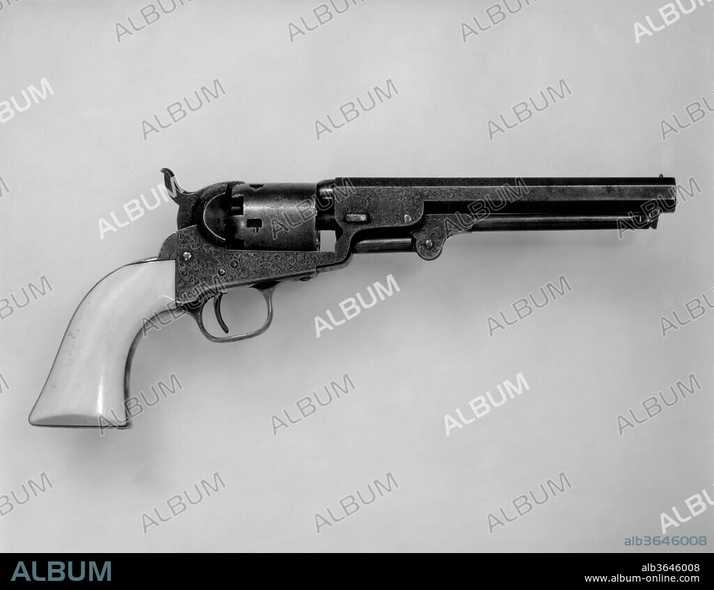 Colt Model 1849 Pocket Percussion Revolver, Serial no. 81015. Culture: American, Hartford, Connecticut. Dimensions: L. of barrel 6 in. (15.24 cm); Cal. .32 in. (8 mm). Engraver: Gustave Young (American (born Prussia), 1827-1895 Springfield, Massachusetts). Manufacturer: Samuel Colt (American, Hartford, Connecticut 1814-1862). Date: ca. 1853.
Samuel Colt presented this revolver to Colonel Thomas H. Seymour (1807-1868), governor of Connecticut and United States ambassador to Russia.