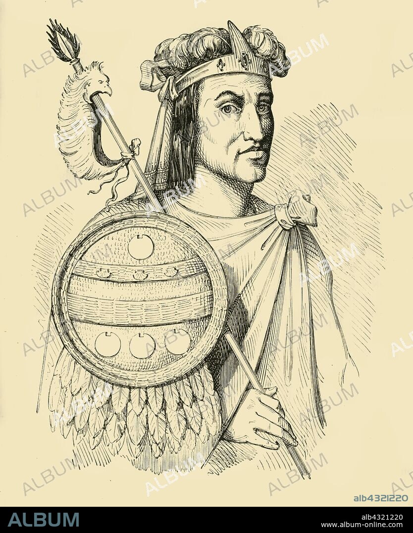 'Montezuma', 1519-1520, (1890). Moctezuma II (1466-1520) ruler of Tenochtitlan, from 1502 to 1520 was killed during the initial stages of the Spanish conquest of the Aztec Empire.  From "Cassell's Illustrated Universal History, Vol. IV - Modern History", by Edmund Ollier. [Cassell and Company, Limited, London, Paris and Melbourne, 1890].