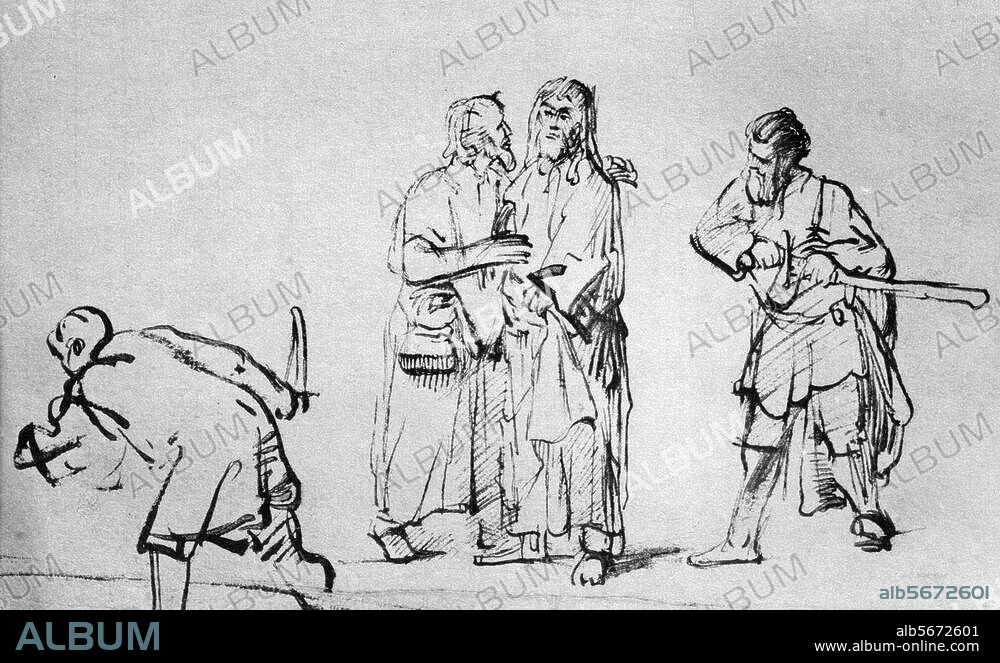 REMBRANDT HARMENSZOON VAN RIJN. Rembrandt, Harmensz van Rijn. 1606-1669. "Christ is betrayed by Judas". c. 1645. (Copy). Pen-and-ink drawing, 16 × 23.6cm. Rotterdam, Museum Boymans-van Beuningen.