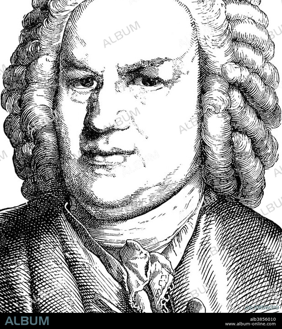 Historical drawing from the 19th century, portrait of Johann Sebastian Bach, 1685 - 1750, a German composer and organ and piano virtuoso of the Baroque