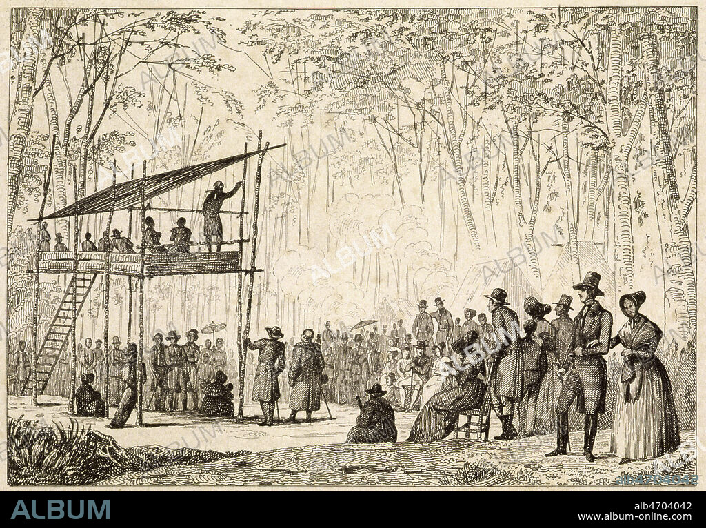 Predication des anabaptistes. Illustration de 1839 par MILBERT (19 s.) pour Etats-Unis d'Amerique. L'Univers, Histoire et Description de tous les Peuples par ROUX de ROCHELLE (1762-1849). Credit : Collection Jonas/KHARBINE-TAPABOR.