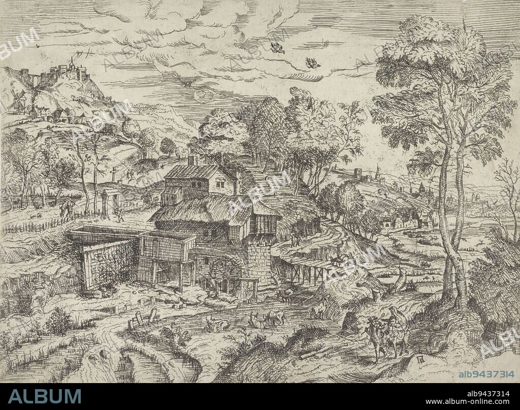 A landscape with a water mill near a river. To the right on the path Mary and Joseph flee to Egypt. Mary holds Christ in her arms and rides a donkey. Joseph wears a hat and a cane., Landscape with Flight into Egypt, print maker: Angelo Falconetto, (mentioned on object), Hieronymus Cock, Matthys Cock, print maker: Italy, Antwerp, 1527 - 1567, paper, etching, h 224 mm × w 305 mm.