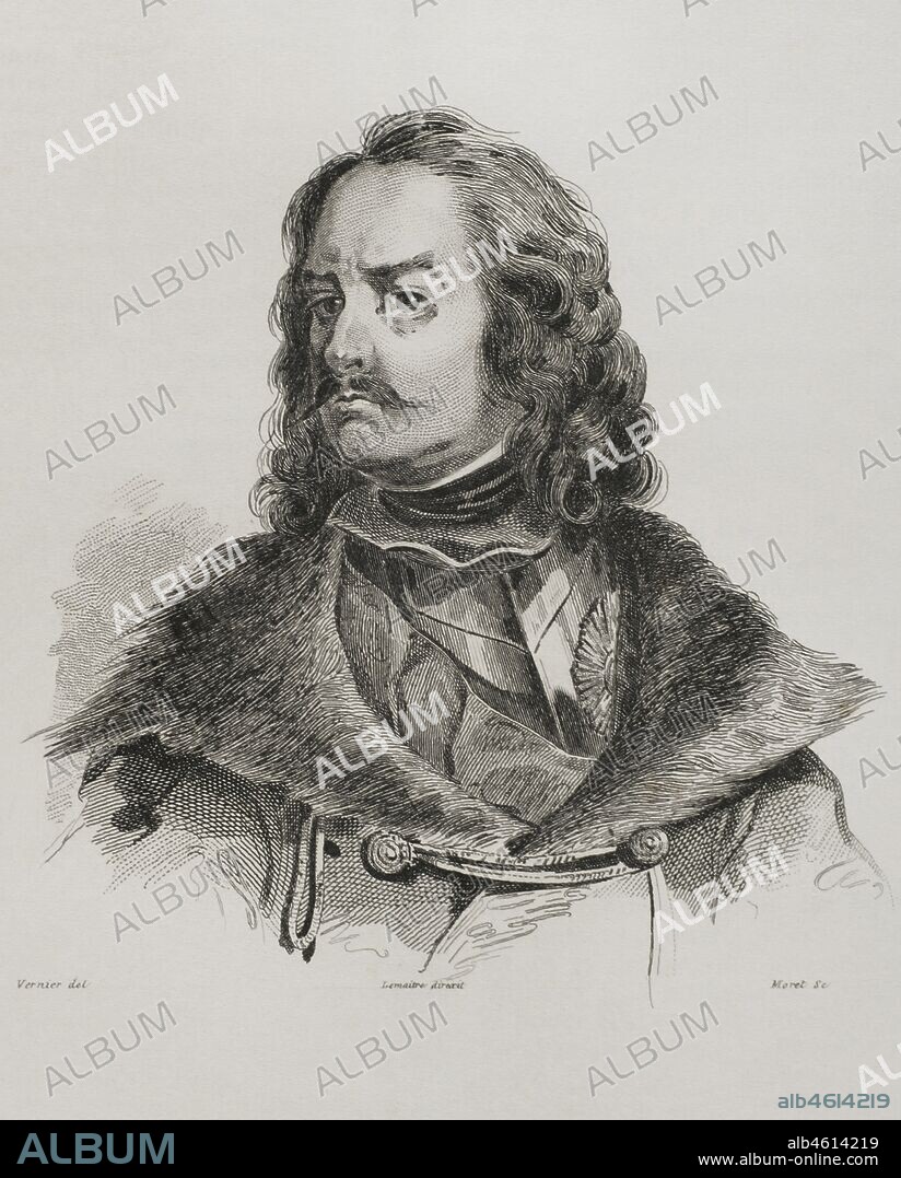 Pedro I de Rusia o Pedro I Alekséievich, llamado Pedro el Grande (1672-1725). Zar de Rusia de la Dinastía Románov. Retrato. Grabado por Lemaitre, Vernier y Moret. Historia de Rusia por Chopin. Panorama Universal, edición española de 1839.