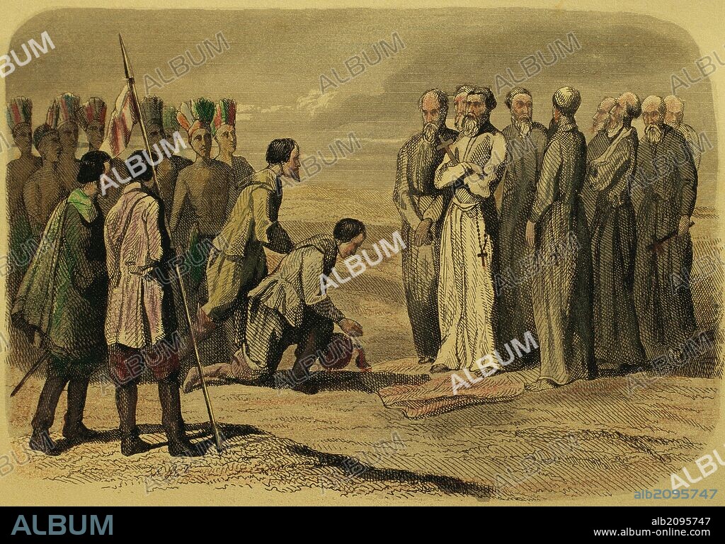 EVANGELIZACION DE AMERICA. SIGLO XVI. MEXICO. "EL MISIONERO ESPAÑOL, FRANCISCANO FRAY MARTIN DE VALENCIA, DEL GRUPO LLAMADO DE LOS DOCE APOSTOLES DE MEXICO, ES RECIBIDO A LA ENTRADA DE LA CIUDAD DE MÉXICO POR HERNAN CORTES EL 13 DE MAYO DE 1524, JUNTO A SUS CAPITANES Y CACIQUES AZTECAS, HINCÁNDOSE DE RODILLAS Y BESANDOLE LA MANO". Grabado del año 1850.