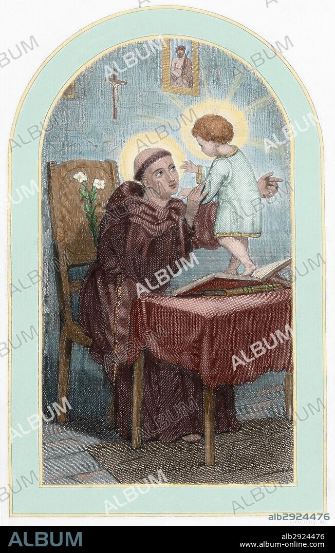 SAN ANTONIO DE PADUA (1195-1231). Religioso franciscano portugués. Es el patrón de Portugal. Grabado del siglo XIX. Coloreado.