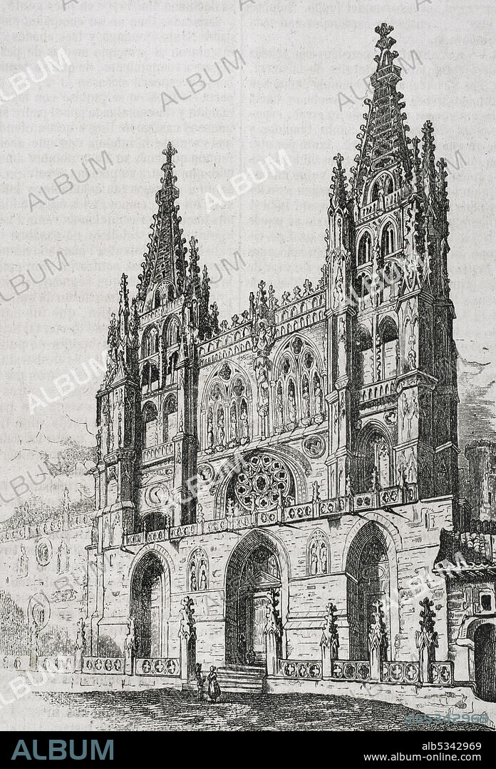 Spain. Castile-Leon. Burgos. General view of the main facade of the Cathedral. Engraving. Historia General de España by Father Mariana. Madrid, 1852.