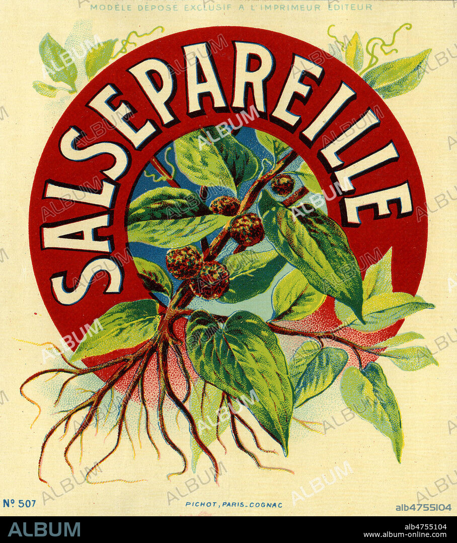 'Salsepareille'. Etiquette de sirop vers 1900. Illustration anonyme. Credit : Collection IM/KHARBINE-TAPABOR.