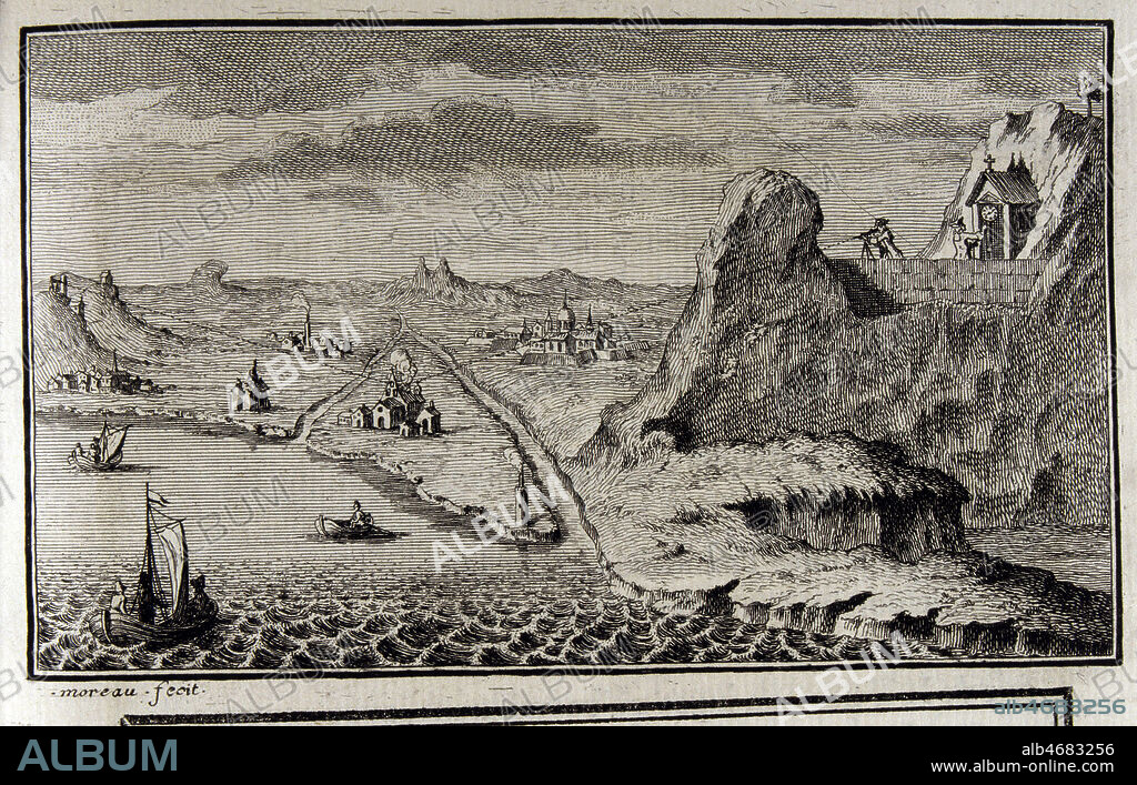 Paysage dans lequel des geometres font des releves des points de repere. Illustration tiree de l'ouvrage de CASSINI DE THURY (1714-1784) 'La meridienne de l'Observatoire Royal de Paris', publie en 1744 (18e, 18eme, XVIIIe s.). Credit : JEAN VIGNE / KHARBINE-TAPABOR.