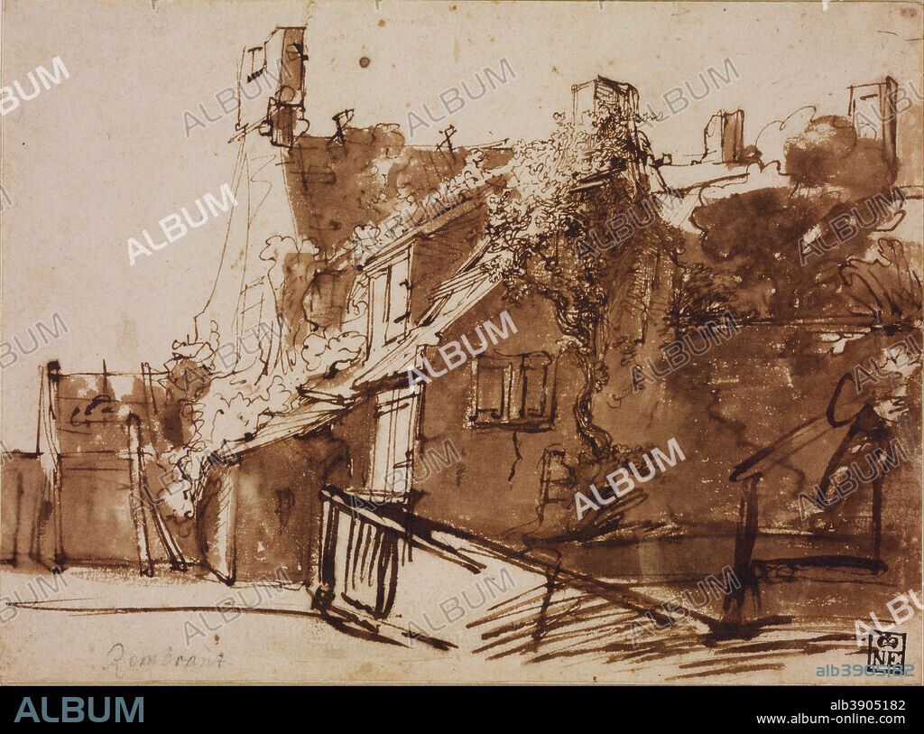 HARMENSZOON VAN RIJN REMBRANDT. Dutch Farmhouse in Sunlight. Date/Period: 1635 - 1636. Drawing. Pen and brown ink, brown wash pen and brown ink, brown wash. Height: 164 mm (6.45 in); Width: 223 mm (8.77 in).