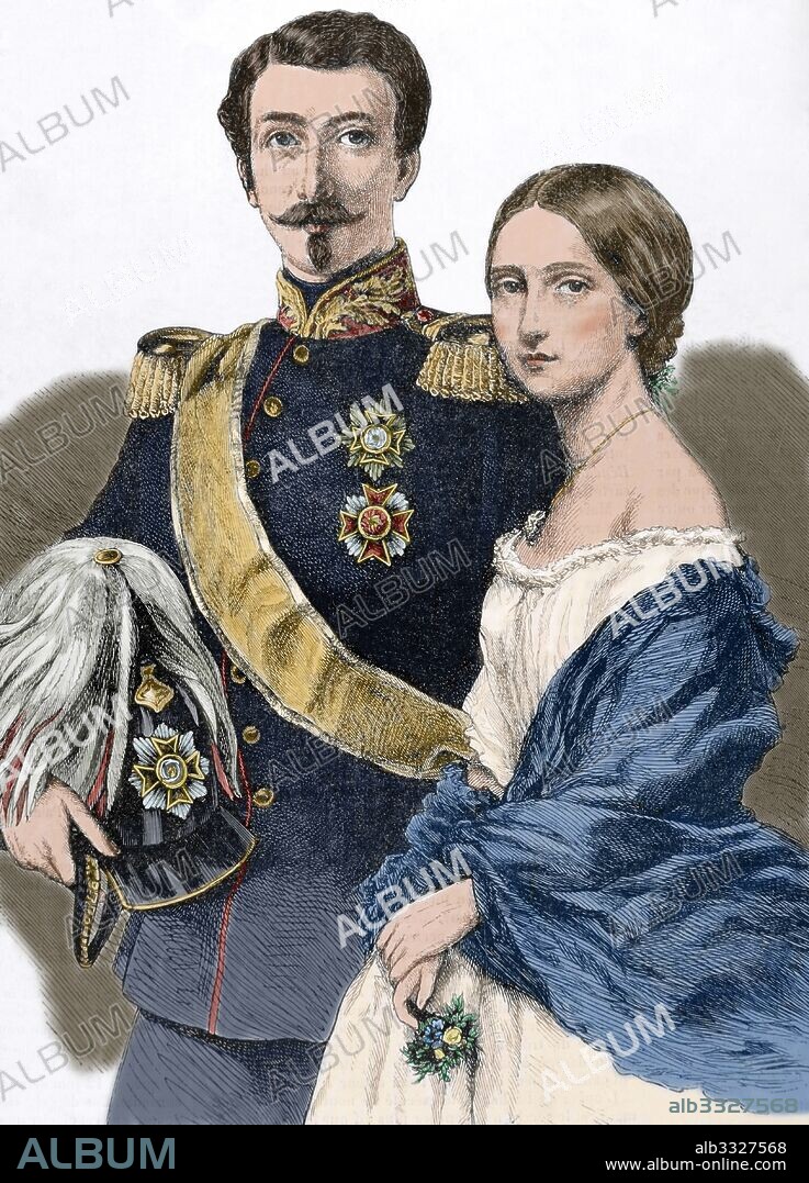 Federico I de Baden (1826-1907). Regente de Baden de 1852-1858 y Gran Duque de Baden de 1858 hasta 1907 Casa de Zähringen. Defensor de la monarquía constitucional. Federico I junto a su esposa Luisa de Prusia (1838-1923). Grabado. L'Univers Illustré, 1862. Coloreado.
