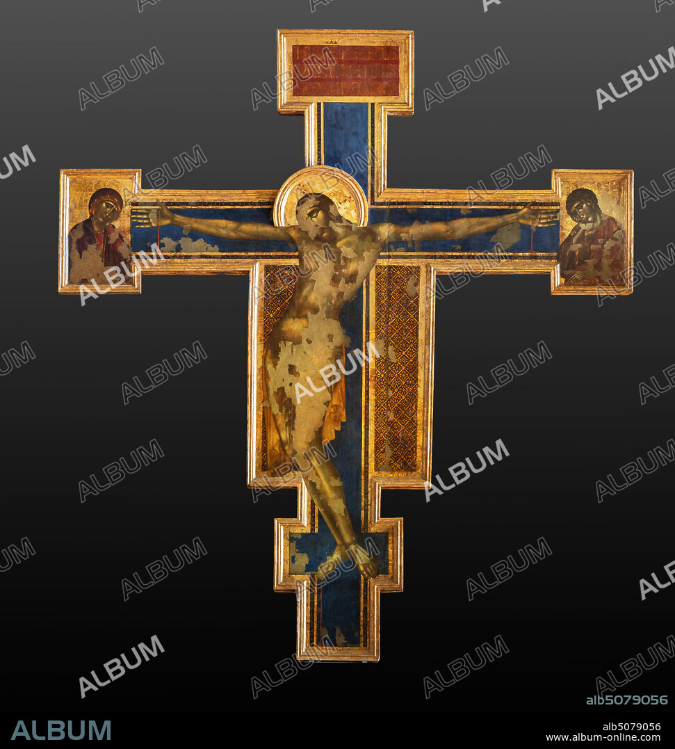 Basilica of the Holy Cross: Crucifix", (1272-80) by Cimabue, tempera on wood. On the sides of Christ on the cross, the Madonna and St. John the Evangelist.. The cross bears the iconography of the Christus patiens, that is, a dying Christ on the cross, with his eyes closed, his head resting on his shoulder and his body arched to the left.