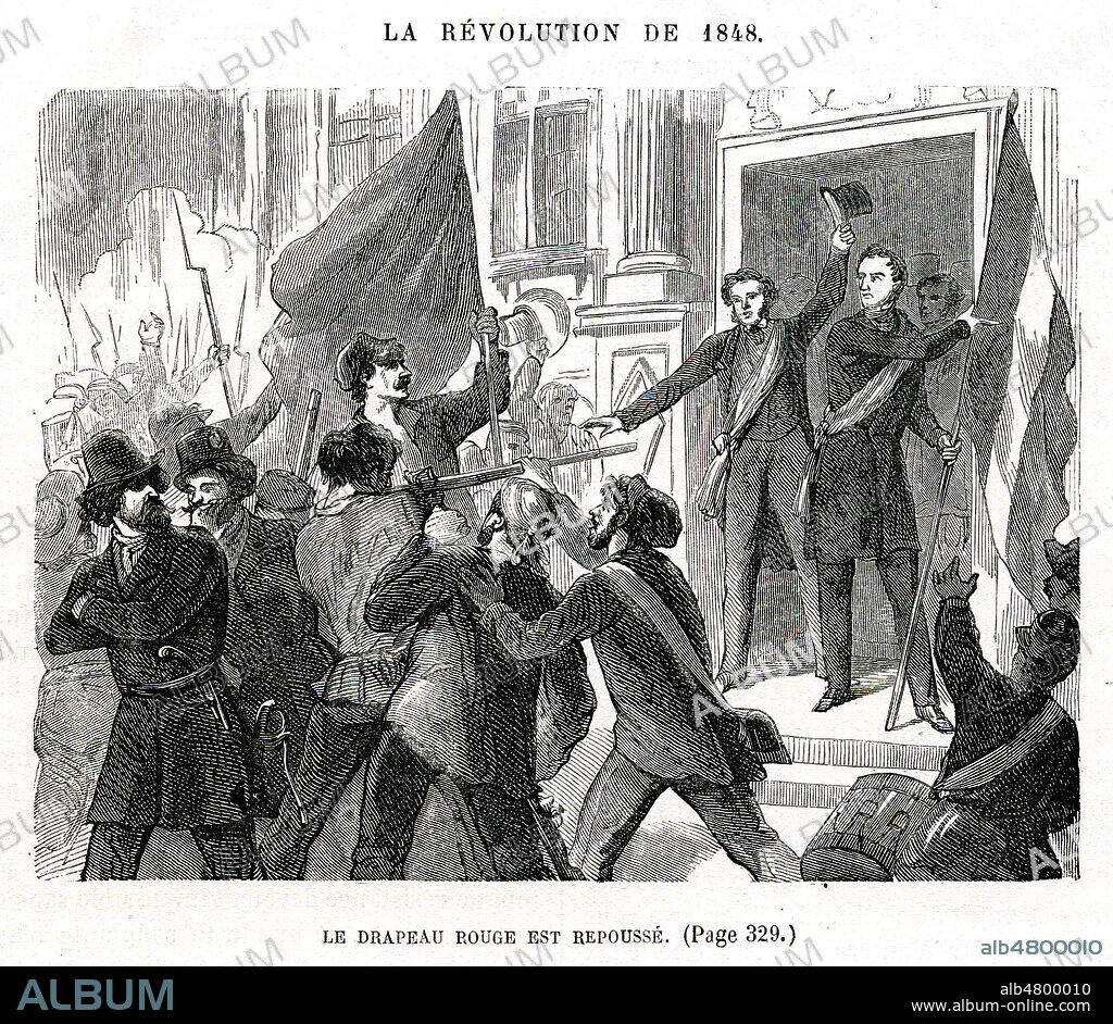Le drapeau rouge est repousse par Alphonse de LAMARTINE (1790-1869). Illustration de 1863 par L. TOBB (19 s.) pour Histoire de la Revolution de 1848 par Louis Antoine GARNIER-PAGES (1803-1878). Credit : Collection Jonas/Kharbine-Tapabor.