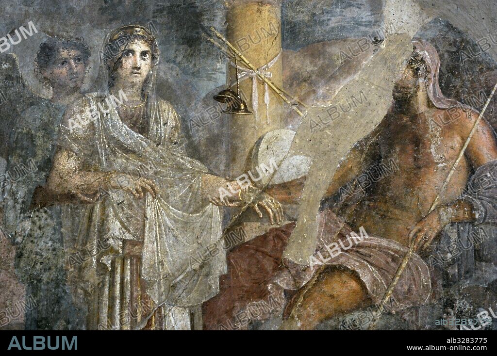 Fresco romano. Representación de la boda la diosa Hera y el dios Zeus. Siglo I d. C. Procedente de la Casa del Poeta Trágico, Pompeya (VI. 8, 3,5, atrio). Museo Arqueológico Nacional. Nápoles. Italia.