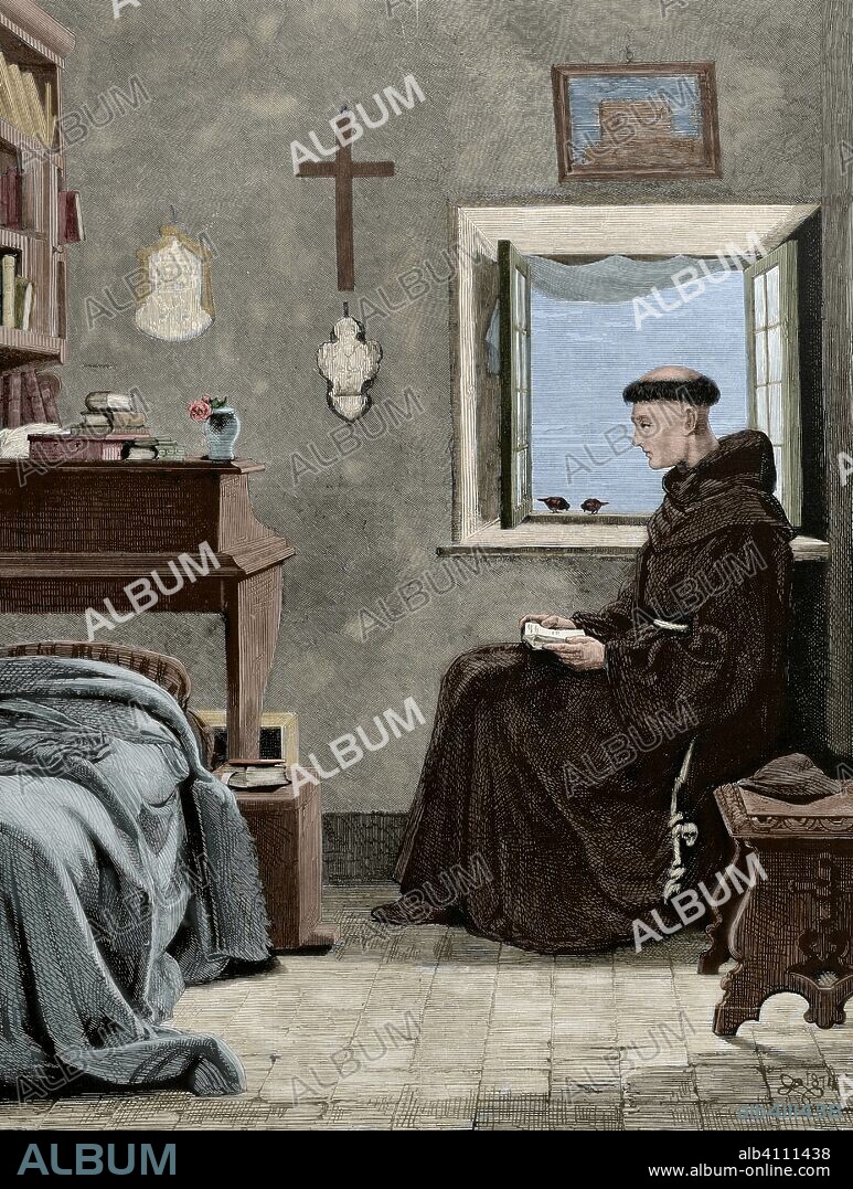 Monaquismo. Un monje capuchino en meditación. Copia del cuadro titulado "Fra Beato", obra del pintor alemán Rudolph Lehmann (1819-1905). Grabado. La Ilustración Española y Americana, 30 de noviembre de 1876. Coloreado.