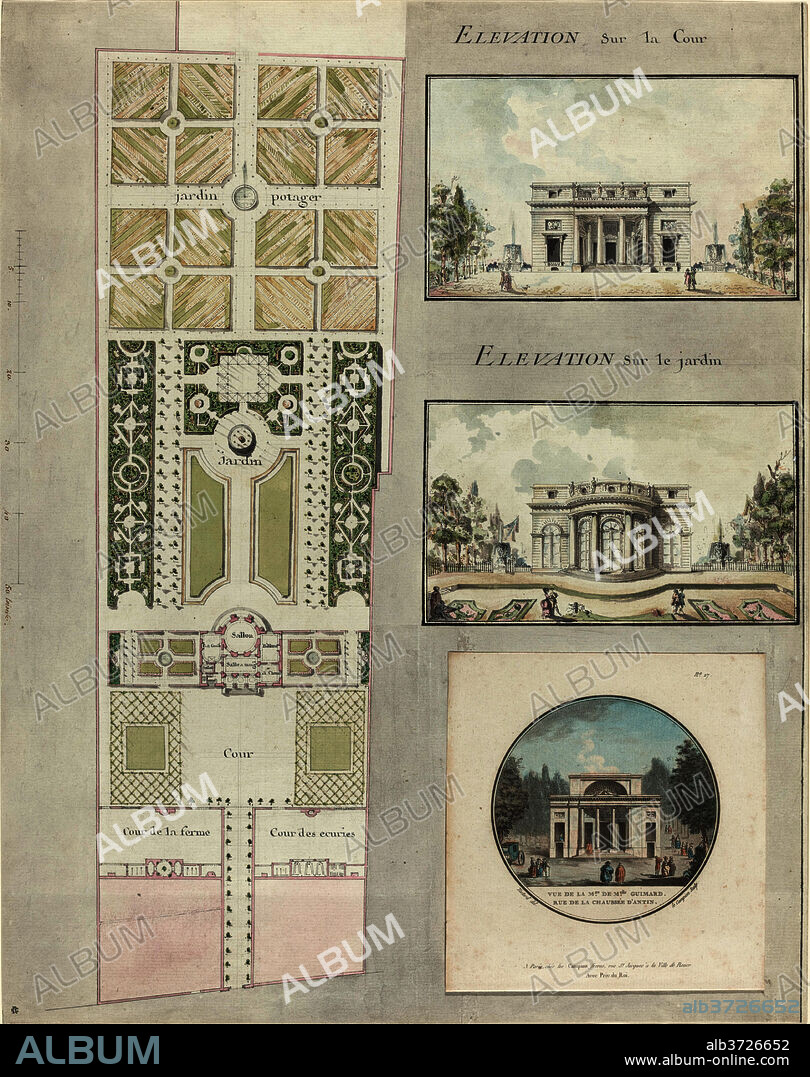 JEAN TESTARD AND CHARLES-PHILIPPE CAMPION DE TERSAN. Project for the House and Gardens of Mlle. Guimard. Dated: c. 1768-1770. Dimensions: overall: 49 x 38.6 cm (19 5/16 x 15 3/16 in.). Medium: pen and black ink with gray wash and watercolor over graphite on laid paper, with a color etching by Le Campion attached to the sheet at lower right.