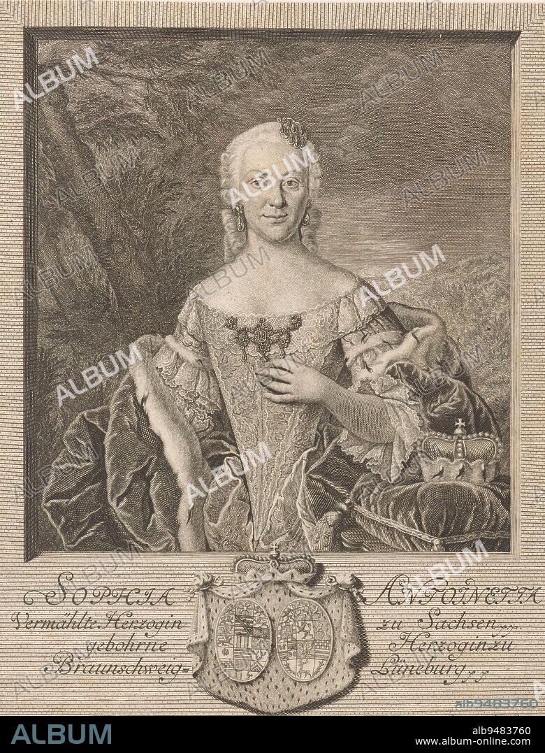Portrait of Sophia Antonia von Sachsen-Coburg-Saalfeld, Johann Martin Bernigeroth, 1753, print maker: Johann Martin Bernigeroth, (mentioned on object), Leipzig, 1753, paper, etching, engraving, h 223 mm - w 171 mm.